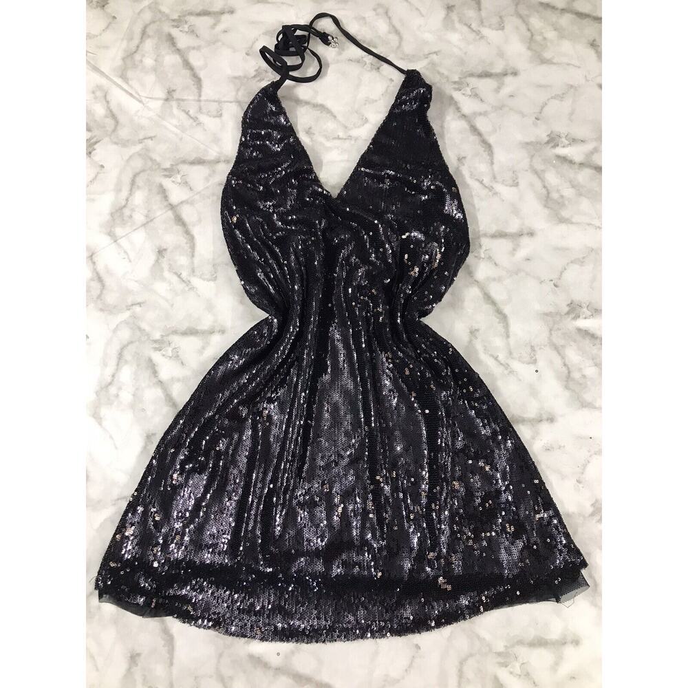 FREE PEOPLE Women Sequin Slip Mini Strappy Dress GOLD/BLK Cocktail Party XS